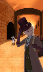 Rule 34 | 1boy, 1girl, arms up, backpack, bag, belt, blonde hair, blue hood, brown belt, closed mouth, gloves, hat, hat ornament, kuma-na, male focus, nicola (nicola no oyururi makai kikou), nicola no oyururi makai kikou, open mouth, pointy ears, purple gloves, red eyes, simon (nicola no oyururi makai kikou), smile, sunset, top hat