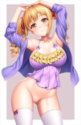 Rule 34 | 1girl, armpits, arms up, ass, bang dream!, blonde hair, blue jacket, blush, border, bottomless, bow, breasts, cameltoe, camisole, cleavage, cleft of venus, closed mouth, collarbone, drill hair, frills, head tilt, ichigaya arisa, jacket, lambda (kusowarota), large breasts, long hair, long sleeves, looking at viewer, open clothes, open jacket, outside border, purple background, red bow, sidelocks, simple background, smile, solo, thighhighs, thighs, twin drills, twintails, uncensored, white border, white thighhighs, yellow eyes