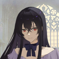 Rule 34 | 1girl, absurdres, bare shoulders, black eyes, bow, bowtie, dress, hair between eyes, highres, lacie baskerville, light smile, long hair, looking at viewer, off-shoulder dress, off shoulder, pandora hearts, portrait, red eyes, solo, xiuning233