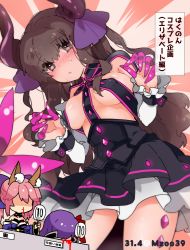 Rule 34 | 3girls, animal ear fluff, animal ears, artist name, bad id, bad twitter id, bb (fate), bb (fate/extra), black dress, blood, blue bow, blue kimono, blush, bow, breasts, chibi, cosplay, covered erect nipples, dragon horns, dress, elizabeth bathory (fate), elizabeth bathory (fate/extra ccc), elizabeth bathory (fate/extra ccc) (cosplay), elizabeth bathory (first ascension) (fate), faceless, faceless female, fate/extra, fate/extra ccc, fate (series), fox ears, fox girl, fox tail, hair between eyes, hair bow, holding, holding sign, horns, japanese clothes, kimono, kishinami hakuno (female), large breasts, looking at viewer, multiple girls, nosebleed, obi, osakana (rrg0123), pink hair, purple hair, red bow, sash, sign, sweat, tail, tamamo (fate), tamamo no mae (fate/extra), translation request, twitter username, wide sleeves
