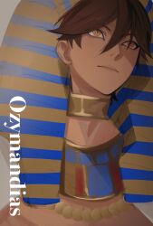 Rule 34 | 1boy, absurdres, blue eyeliner, brown hair, character name, closed mouth, dabin, dark-skinned male, dark skin, egyptian, egyptian clothes, eyelashes, eyeliner, fate/grand order, fate (series), frown, hair between eyes, highres, jewelry, male focus, ozymandias (fate), slit pupils, solo, upper body, usekh collar, yellow eyes