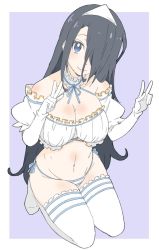 Rule 34 | bad id, bad twitter id, bikini, black hair, blue ribbon, breasts, closed mouth, detached collar, donguri suzume, double w, elbow gloves, full body, gloves, hair over one eye, hands up, head tilt, highres, kneeling, large breasts, legs together, long hair, looking at viewer, navel, neck ribbon, one eye covered, original, puffy short sleeves, puffy sleeves, purple background, purple bikini, purple eyes, ribbon, short sleeves, side-tie bikini bottom, simple background, smile, solo, swimsuit, thighhighs, triangular headpiece, very long hair, w, white gloves, white thighhighs