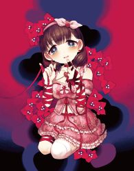 Rule 34 | 1girl, bare shoulders, blue eyes, blush, bow, brooch, brown hair, choker, commentary request, dress, earrings, finger ribbon, finger to own chin, flower, flower request, frilled dress, frills, full body, hair bow, hairband, head tilt, heart, heart-shaped pupils, heart earrings, idolmaster, idolmaster cinderella girls, jewelry, leg ribbon, long ribbon, looking at viewer, parted lips, pink dress, pink hairband, red ribbon, ribbon, sakuma mayu, sasasasa, seiza, sitting, smile, solo, symbol-shaped pupils, thighhighs, white thighhighs