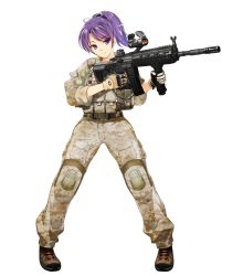 Rule 34 | 1girl, absurdres, artist request, assault rifle, belt, body armor, camouflage, digital camouflage, full body, gloves, gun, highres, holding, kansen shoujo, kansen x shoujo, knee pads, light smile, load bearing vest, maruyama iroha, military, military uniform, muzzle device, pigeon-toed, ponytail, purple eyes, purple hair, rifle, scope, simple background, solo, standing, uniform, vertical forward grip, weapon, white background