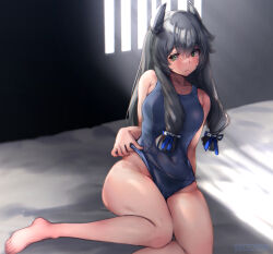 Rule 34 | 1girl, bed, black hair, commentary request, green eyes, grey one-piece swimsuit, hair ribbon, i-47 (kancolle), kantai collection, long hair, low-tied long hair, mani oniniku, mole, mole on ass, one-piece swimsuit, ribbon, school swimsuit, sidelocks, sitting, solo, swimsuit, swimsuit tug, tress ribbon, window, yokozuwari
