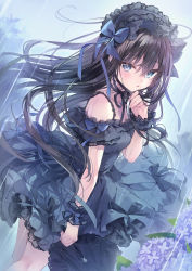 Rule 34 | 1girl, absurdres, arm strap, bare shoulders, black choker, black ribbon, blue bow, blue dress, blue eyes, blush, bow, breasts, brown hair, choker, collarbone, commentary request, cowboy shot, crossed bangs, dress, dutch angle, flower, frilled dress, frills, gothic lolita, hair between eyes, hair bow, hairband, heterochromia, highres, holding, holding umbrella, hydrangea, lace hairband, lolita fashion, lolita hairband, long hair, looking at viewer, neck ribbon, original, outdoors, parted lips, purple eyes, purple flower, rain, ribbon, rubi-sama, small breasts, solo, standing, thighs, umbrella, very long hair, wet, wrist cuffs