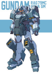 Rule 34 | absurdres, aqua gm, character name, clenched hands, copyright name, gundam, gundam msv, highres, holstered, looking down, mecha, no humans, redesign, robot, solo, standing, visor, ztb0000