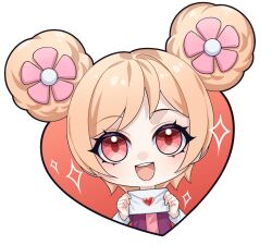 Rule 34 | 1girl, :d, blonde hair, chibi, double bun, envelope, flower, hair bun, hair flower, hair ornament, heart border, highres, holding, holding envelope, holding letter, kumu zaisheng, letter, looking at viewer, love letter, open mouth, outside border, pink flower, purple shirt, red eyes, shirt, smile, solo, sparkle, teeth, upper body, upper teeth only, valentine, white sleeves, xia an&#039;an, xiao huaxian