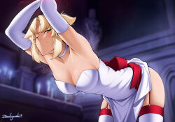 Rule 34 | 1girl, armpits, arms up, artoria pendragon (all), artoria pendragon (fate), bare shoulders, bent over, bound, bound wrists, breasts, choker, clothes lift, cosplay, dress, dress lift, fate/apocrypha, fate/stay night, fate/unlimited blade works, fate (series), garter straps, green eyes, medium breasts, mordred (fate), mordred (fate/apocrypha), one eye closed, saber (fate), saber (fate) (cosplay), scene reference, short ponytail, sidelocks, skindentation, solo, statue, thighhighs, white choker, white dress, white thighhighs, zealyush