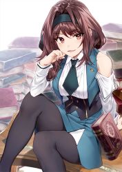 Rule 34 | 1girl, absurdres, bare shoulders, book, breasts, brown eyes, brown hair, commentary request, feet out of frame, hair between eyes, highres, long sleeves, looking at viewer, medium breasts, necktie, open mouth, pantyhose, s-rank boukensha de aru ore no musume tachi wa juudo no fathercon deshita, shunichi, sitting, skirt, solo, tongue