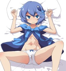 Rule 34 | 10s, 1girl, abs, akaino (akaomi), blue hair, blush, female focus, hair ornament, lying, midriff, navel, on back, on bed, panties, partially visible vulva, pillow, piruluk, solo, spread legs, sweat, underwear, wet, wet clothes, wet panties, wixoss