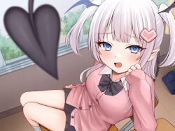 Rule 34 | 1girl, bag, black bow, black skirt, black wings, blue eyes, blurry, blurry foreground, blush, bow, breasts, cardigan, chair, collared shirt, commentary request, day, demon girl, demon tail, demon wings, depth of field, desk, dress shirt, fang, feet out of frame, grey hair, hand up, head wings, highres, hoshimiya aki, indoors, long hair, long sleeves, looking at viewer, medium breasts, on chair, open mouth, original, pink cardigan, pleated skirt, puffy long sleeves, puffy sleeves, school bag, school chair, school desk, school uniform, shirt, sitting, skirt, sleeves past wrists, socks, solo, tail, two side up, white shirt, white socks, window, wings