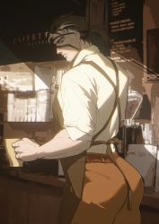 Rule 34 | 1boy, ass, ass focus, back, belt, black hair, cafe, coffee mug, collared shirt, commentary, cowboy shot, cup, english commentary, eyepatch, facial hair, from behind, girls&#039; frontline, girls&#039; frontline neural cloud, highres, holding, holding cup, indoors, long sleeves, looking back, male focus, mug, multicolored hair, muscular, muscular male, pants, ponytail, python (neural cloud), shirt, shirt tucked in, sleeves rolled up, sludgyoctopus, solo, streaked hair, stubble, white hair, white shirt