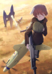Rule 34 | 1girl, absurdres, animal ears, closed eyes, gun, hat, highres, isabelle du monceau de bergendal, jacket, military, military uniform, neuroi, noble witches, non-web source, official art, orange hair, scan, shimada fumikane, short hair, striker unit, uniform, weapon, world witches series