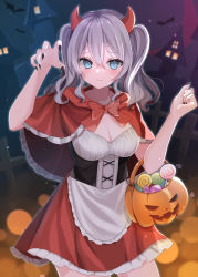 Rule 34 | 1girl, absurdres, black nails, blue eyes, blush, breasts, candy, capelet, cleavage, closed mouth, cowboy shot, demon horns, dress, fake horns, fingernails, food, grey hair, hair between eyes, halloween, halloween costume, highres, horns, jack-o&#039;-lantern, kantai collection, kashima (kancolle), lollipop, medium breasts, medium hair, nail polish, red capelet, red dress, sharp fingernails, smile, solo, twintails, yoshino (mfmfpng)