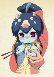 Rule 34 | 1girl, apron, apron aside, arms behind back, black eyes, blue skin, blunt bangs, blush, breasts, chopsticks, colored sclera, colored skin, disembodied hand, fish girl, grabbing, grabbing another&#039;s breast, hair ornament, minette (skullgirls), monster girl, nipple stimulation, nipple tweak, nipples, nose blush, om (nk2007), pink eyes, red pupils, scales, shell, skullgirls, small breasts, solo focus, sweatdrop, waitress, yellow sclera