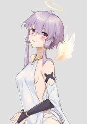 Rule 34 | 1girl, bare shoulders, blush, breasts, bridal gauntlets, choker, closed mouth, collarbone, commentary request, detached sleeves, detached wings, dress, grey background, hair between eyes, halo, highres, long hair, long sleeves, purple eyes, purple hair, sideboob, simple background, sleeveless, sleeveless dress, small breasts, smile, solo, vocaloid, voiceroid, white choker, white dress, white sleeves, white wings, wide sleeves, wings, yuzuki yukari, zooanime