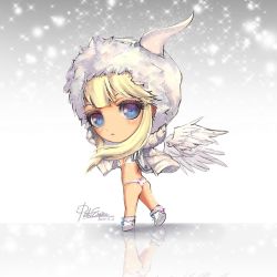 Rule 34 | 1girl, arms up, ass, bikini, blonde hair, blue eyes, breasts, butt crack, chibi, coat, destiny child, eshu (destiny child), fur-trimmed jacket, fur trim, highres, jacket, long sleeves, looking at viewer, looking back, out-of-season outfit, pinkuempire, simple background, small breasts, solo, star-shaped pupils, star (symbol), star print, swimsuit, symbol-shaped pupils, white bikini, white wings, wings, winter clothes, winter coat, winter out-of-season outfit
