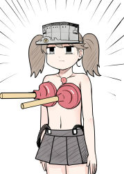 Rule 34 | 10s, 1girl, brown hair, female focus, flat chest, hat, kantai collection, magatama, plunger, ryuujou (kancolle), skirt, solo, suspender skirt, suspenders, tears, twintails, visor cap, white background, y.ssanoha