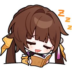 Rule 34 | 1girl, book, braid, brown hair, chibi, chinese clothes, closed eyes, commentary, english commentary, furrowed brow, holding, holding book, honkai: star rail, honkai (series), long sleeves, official art, saliva, sitting, sleeping, solo, sushang (honkai: star rail), transparent background, twintails, zzz