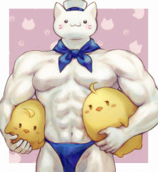 Rule 34 | 1boy, :3, abs, absurdres, ahoge, animal print, azur lane, bikini briefs, blue male underwear, blush, carrying, carrying under arm, cat print, commentary, cowboy shot, hat, highres, holding, hug, looking at viewer, mahos san, male focus, male underwear, manjuu (azur lane), manly, meowfficer (azur lane), muscular, navel, paw print, pectorals, solo, thick thighs, thighs, topless male, two-tone background, underwear, whiskers