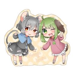 Rule 34 | 2girls, ;d, abe suke, ahoge, animal ears, black footwear, blush, brown eyes, brown footwear, capelet, character name, chibi, dress, full body, green eyes, green hair, grey hair, jewelry, kasodani kyouko, leaning forward, long sleeves, looking at viewer, mouse ears, mouse tail, multiple girls, nazrin, necklace, one eye closed, open mouth, short hair, simple background, skirt, skirt set, smile, socks, standing, tail, touhou, v, white background, white legwear