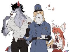 Rule 34 | 1girl, 2boys, animal ear fluff, animal ears, arm tattoo, black gloves, black hair, black pants, blue coat, blue headwear, body fur, brown fur, cake, claws, closed eyes, closed mouth, coat, collared coat, collared shirt, cup, dog boy, dog ears, dog tail, eating, facing another, facing viewer, fangs, fish7163, food, food on face, fork, fox ears, fox girl, furry, furry female, furry male, gloves, grey fur, hand in pocket, hands up, highres, holding, holding fork, holding plate, long hair, long sleeves, looking to the side, low ponytail, multiple boys, neck fur, open mouth, orange hair, original, pants, plate, plunging neckline, red eyes, red skirt, scar, scar on chest, shirt, short hair, short ponytail, simple background, skirt, solo, standing, tail, tattoo, teacup, toned, toned male, untucked shirt, upper body, white background, wolf boy, wolf ears