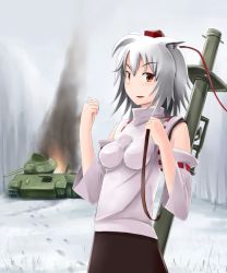 Rule 34 | 1girl, bazooka, blast shield, caterpillar tracks, detached sleeves, electronic firearm, female focus, hat, impossible clothes, impossible shirt, inubashiri momiji, kcme, man-portable anti-tank systems, military, military vehicle, motor vehicle, panzerschreck, red eyes, rocket launcher, russian text, shield, shirt, short hair, silver hair, smoke, solo, t-34, tank, thumbs up, tokin hat, touhou, vehicle, weapon, world war ii