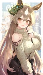 Rule 34 | 1girl, absurdres, animal ears, bag, between breasts, blurry, blurry background, blush, breasts, casual, commentary request, hair between eyes, hair ornament, highres, horse ears, horse tail, large breasts, long hair, looking at viewer, satono diamond (umamusume), sky cappuccino, solo, sweater, tail, umamusume