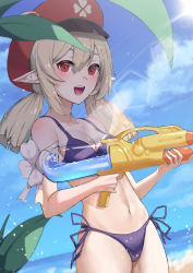 Rule 34 | 1girl, :d, absurdres, alternate costume, bare shoulders, beach, bikini, black bikini, blue skirt, breasts, cabbie hat, cleavage, cloud, cloudy sky, clover print, collarbone, commentary request, fuyoko, genshin impact, hair between eyes, hat, hat feather, hat ornament, highres, holding, holding water gun, horizon, klee (genshin impact), lens flare, light brown hair, long hair, looking at viewer, low twintails, navel, ocean, open mouth, pointy ears, red eyes, side-tie bikini bottom, sidelocks, skirt, sky, smile, solo, spaghetti strap, stomach, summer, sun, sunlight, swimsuit, twintails, water gun