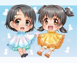 Rule 34 | 2girls, :d, akagi miria, black footwear, black hair, blue bow, blue skirt, bow, brown eyes, brown footwear, chibi, frilled skirt, frills, grey eyes, hair between eyes, hair bow, hair ornament, hairclip, idolmaster, idolmaster cinderella girls, looking at viewer, low twintails, multiple girls, open mouth, parted bangs, poncho, rabbit hair ornament, regular mow, sandals, sasaki chie, shoe soles, shoes, short hair, shorts, skirt, smile, twintails, two side up, yellow shorts