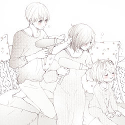 Rule 34 | 1boy, 2girls, absurdres, bad id, bad pixiv id, blush, child, closed eyes, closed mouth, drying, drying hair, family, father and daughter, food, greyscale, hair dryer, hair over one eye, highres, holding, holding hair dryer, kaneki ichika, kaneki ken, kirishima touka, long sleeves, male focus, monochrome, mother and daughter, multicolored hair, multiple girls, pajamas, pants, pillow, shirt, short hair, sitting, smile, sweater, tokyo ghoul, tokyo ghoul:re, toukaairab, two-tone hair