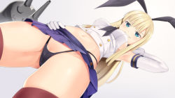 Rule 34 | 1girl, arm up, armpits, black panties, black ribbon, blonde hair, blue eyes, blush, breasts, commentary request, cosplay, elbow gloves, fate (series), foreshortening, from below, gloves, gluteal fold, gradient background, grey background, grin, hair ribbon, hand on own hip, kantai collection, long hair, looking at viewer, looking down, lord el-melloi ii case files, medium breasts, microskirt, navel, panties, parted lips, red thighhighs, reines el-melloi archisorte, rensouhou-chan, ribbon, shimakaze (kancolle), shimakaze (kancolle) (cosplay), sideboob, skindentation, skirt, smile, solo, stomach, straight hair, thighhighs, underwear, upskirt, v-shaped eyebrows, white gloves, yasume yukito