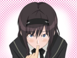 Rule 34 | 1girl, amagami, blue eyes, finger in own mouth, finger sucking, headband, isamu (isamu0418), morishima haruka, school uniform, sexually suggestive, solo