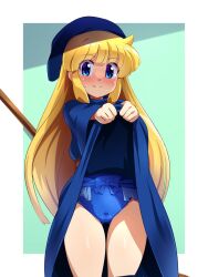 Rule 34 | 1girl, blonde hair, blue eyes, blush, dress, hat, highres, konpeto, lifting own clothes, long hair, one-piece swimsuit, presenting, puyopuyo, sega, smile, solo, swimsuit, swimsuit under clothes, witch, witch (puyopuyo), witch hat