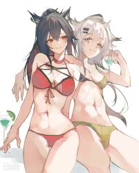 Rule 34 | 2girls, absurdres, alternate costume, animal ear piercing, animal ears, arknights, bikini, black hair, breasts, closed mouth, cmdr saturn, commentary request, cowboy shot, facing viewer, front-tie bikini top, front-tie top, green bikini, grey eyes, grey hair, hair between eyes, hair ornament, hairclip, hand up, highres, lappland (arknights), long hair, looking at viewer, medium breasts, multicolored hair, multiple girls, navel, ponytail, red bikini, red hair, sideways glance, simple background, small breasts, smile, standing, streaked hair, swimsuit, texas (arknights), white background