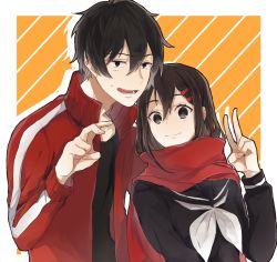 Rule 34 | 1boy, 1girl, black eyes, black serafuku, black shirt, border, collarbone, collared jacket, enpera, hair ornament, hairpin, hand on another&#039;s back, hii (aisiteru6918moon), jacket, kagerou project, kisaragi shintarou, long hair, long sleeves, looking at viewer, looking to the side, mekakucity actors, multiple hairpins, neckerchief, open mouth, outside border, red jacket, red scarf, scarf, school uniform, serafuku, shirt, short hair, smile, striped, striped background, tateyama ayano, v, white border, white neckerchief, yellow background