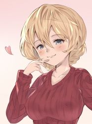 Rule 34 | 1girl, bad id, bad twitter id, blonde hair, blue eyes, blush, braid, breasts, casual, closed mouth, commentary, covered erect nipples, darjeeling (girls und panzer), girls und panzer, gradient background, half-closed eyes, hand to own mouth, heart, large breasts, long sleeves, looking at viewer, pink background, red sweater, ribbed sweater, short hair, smile, solo, sweater, twin braids, upper body, v-neck