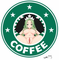 Rule 34 | 1girl, blush, breasts, clitoris, green eyes, green hair, highres, large breasts, long hair, looking at viewer, pussy, smile, solo, spread legs, starbucks, starbucks siren, striped clothes, striped thighhighs, text focus, thighhighs, uncensored