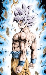 Rule 34 | 1boy, abs, arms at sides, aura, clenched hands, commentary request, dark background, dirty, dirty clothes, dirty face, dragon ball, dragon ball super, expressionless, floating rock, frown, grey eyes, highres, looking at viewer, male focus, muscular, orange pants, pants, pectorals, rock, serious, shirt, silver hair, simple background, solo, son goku, spiked hair, standing, topless male, torn clothes, torn shirt, ultra instinct, upper body, wristband, young jijii
