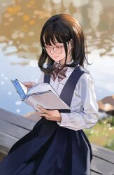 Rule 34 | 1girl, blue dress, blurry, blurry background, book, bow, bowtie, brown hair, closed eyes, closed mouth, day, dress, glasses, highres, holding, holding book, lake, light smile, long hair, long sleeves, maenoo, original, outdoors, reading, shirt, sitting, solo, white shirt
