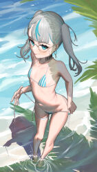 Rule 34 | 1girl, :p, absurdres, bare arms, bare legs, bare shoulders, beach, bikini, bikini pull, blue eyes, blue hair, blush, breasts, clothes pull, collarbone, day, female focus, full body, glasses, highres, horizon, long hair, looking at viewer, mash illust, micro bikini, mole, mole on thigh, multicolored hair, navel, ocean, original, outdoors, palm leaf, palm tree, plant, semi-rimless eyewear, shallow water, side-tie bikini bottom, small breasts, smile, solo, standing, streaked hair, string bikini, striped bikini, striped clothes, swimsuit, thigh strap, tongue, tongue out, tree, twintails, under-rim eyewear, untied bikini, untying, wading, water, wet