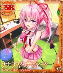 Rule 34 | 1girl, artist request, blush, demon tail, fang, fingerless gloves, gloves, hand on own chest, knees together feet apart, long hair, midriff, miniskirt, nana asta deviluke, navel, necktie, official art, open mouth, pink eyes, pink hair, ponytail, ribbon, shirt, skirt, skirt tug, sleeveless, sleeveless shirt, solo, tail, thighhighs, to love-ru, to love-ru darkness: idol revolution, white thighhighs