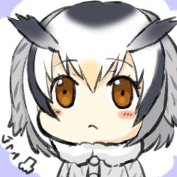 Rule 34 | 10s, 1girl, :&lt;, puff of air, bad id, bad pixiv id, blush stickers, breath, brown eyes, engiyoshi, fur collar, kemono friends, lowres, no nose, northern white-faced owl (kemono friends), portrait, solo, translated