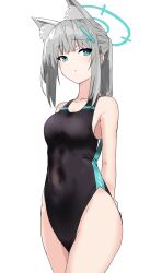 Rule 34 | 1girl, animal ear fluff, animal ears, arms behind back, black one-piece swimsuit, blue archive, blue eyes, breasts, competition swimsuit, covered navel, cowboy shot, cross hair ornament, ekaki kukuma, extra ears, grey hair, hair ornament, halo, highres, low ponytail, medium breasts, medium hair, mismatched pupils, multicolored clothes, multicolored swimsuit, official alternate costume, one-piece swimsuit, shiroko (blue archive), shiroko (swimsuit) (blue archive), simple background, solo, swimsuit, white background, wolf ears