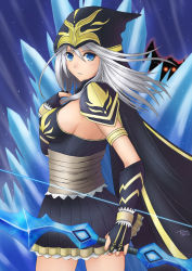 Rule 34 | 1boy, 1girl, armlet, armor, ashe (league of legends), blue eyes, bow (weapon), breasts, cape, fingerless gloves, gloves, glowing, glowing eyes, hood, ice, large breasts, league of legends, long hair, shoulder pads, sideboob, signature, silver hair, tonnelee, tryndamere, weapon