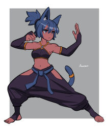 Rule 34 | 1girl, amazu (kurozu), animal ears, aoi (amazu), arm up, bare shoulders, black pants, black socks, blue eyes, blue hair, breasts, bridal gauntlets, cat ears, cat girl, cat tail, clenched hand, collarbone, commentary, fighting stance, full body, grey background, hair between eyes, hand up, highres, hip vent, legs apart, navel, no shoes, original, pants, ponytail, puffy pants, short eyebrows, signature, small breasts, socks, solo, standing, stirrup legwear, tail, tail ornament, tail ring, thick eyebrows, toeless legwear, two-tone background, white background