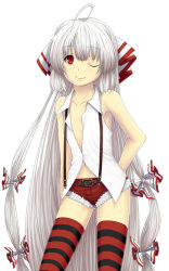 Rule 34 | 1girl, aged down, ahoge, bare shoulders, child, female focus, flat chest, fujiwara no mokou, hair ribbon, hiroya juuren, long hair, no bra, one eye closed, red eyes, ribbon, silver hair, simple background, smile, solo, striped clothes, striped thighhighs, thighhighs, touhou, very long hair, wink