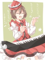 Rule 34 | 1girl, bad id, bad pixiv id, brown hair, buttons, closed eyes, female focus, frilled skirt, frills, green background, hat, instrument, keyboard (instrument), kuromari (runia), lyrica prismriver, musical note, red hat, red shirt, red skirt, shirt, short hair, skirt, solo, star (symbol), touhou, white sleeves