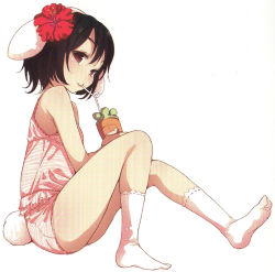Rule 34 | 1girl, animal ears, buriki, carrot, drink, drinking straw, feet, female focus, flower, hibiscus, highres, inaba tewi, rabbit ears, rabbit girl, rabbit tail, red eyes, scan, simple background, socks, soles, solo, tail, toes, touhou, white background